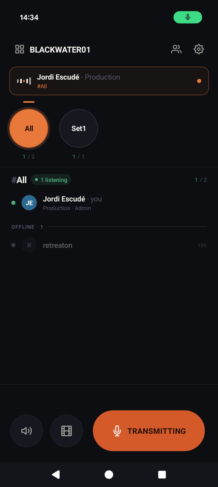 CrewComs app showing a live push-to-talk channel